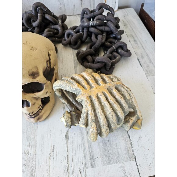 Vintage skull bones skeleton AS IS chains Halloween prop lawn ground - Picture 2 of 11